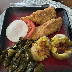 Catfish, Greens, Baked Potato